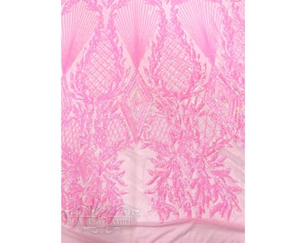 Diamond Iridescent Bubble Gum Spandex Mesh Sequin Fabric By The Yard | Geometric Embroidered Fabric | Prom Dress | Wedding Dress