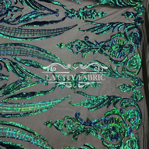 Luxury Green Sequin Fabric By The Yard / Iridescent Embroidered Lace Fabric / 4 Way Stretch Fabric / Spandex Mesh Fabric