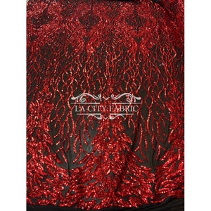 Iridescent Red Damask Stretch Sequin Fabric/ Spandex Sequins Lace Fabric on Black Mesh Fabric/ Embroidered Fabric