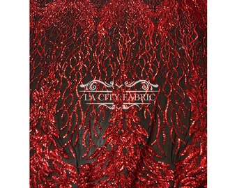 Iridescent Red Damask Stretch Sequin Fabric/ Spandex Sequins Lace Fabric on Black Mesh Fabric/ Embroidered Fabric
