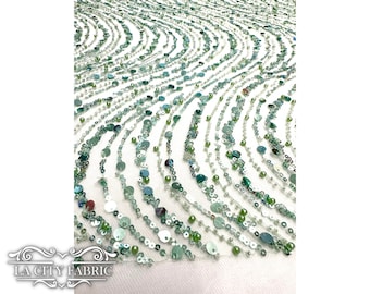 Mint Green Sequin Fabric | Embroidered Lace Fabric with Handmade Beaded Fabric by the yard | on Mesh Geometric Fabric