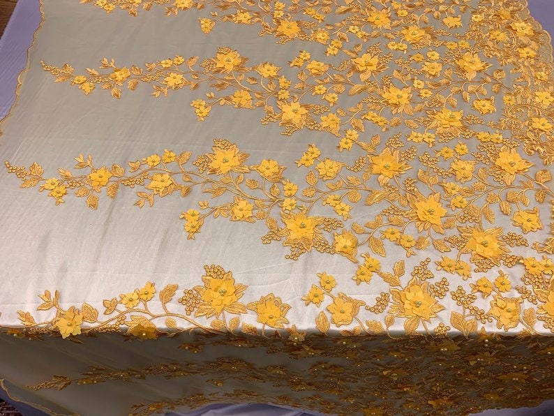 HIGH QUALITY Beaded Lace Embroidery Mesh Lace Fabric By The Yard Handmade Floral Lace 3D Flowers Design With Beads And Pearls Yellow .