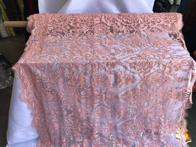 EMBROIDERY Lace By The Yard GEOMETRIC Beaded Mesh Lace FabricDusty Pink Bridal WeddingClothingDressesJacketsApplicationsTable cover
