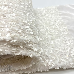 White on White Velvet Full Sequin Velvet Sequin Fabric by The Yard | Two way Stretch Velvet Fabric with Embroidery Sequin Fabric