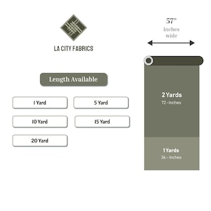 May include: A graphic for LA City Fabrics showing a fabric roll that is 57 inches wide. The text indicates length options of 1, 5, 10, 15, and 20 yards. The visual displays a roll with 2 yards at 72 inches and 1 yard at 36 inches in olive green.