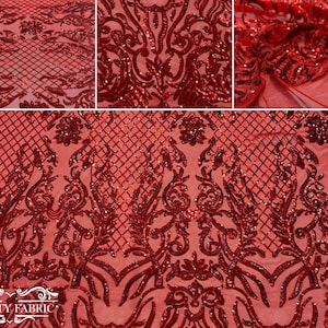 4 Way Stretch Sequin Fabric By The Yard | Embroidery Lace Fabric for Prom Dress | Power Mesh Fabric | Red Sequin
