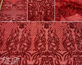 4 Way Stretch Sequin Fabric By The Yard | Embroidery Lace Fabric for Prom Dress | Power Mesh Fabric | Red Sequin