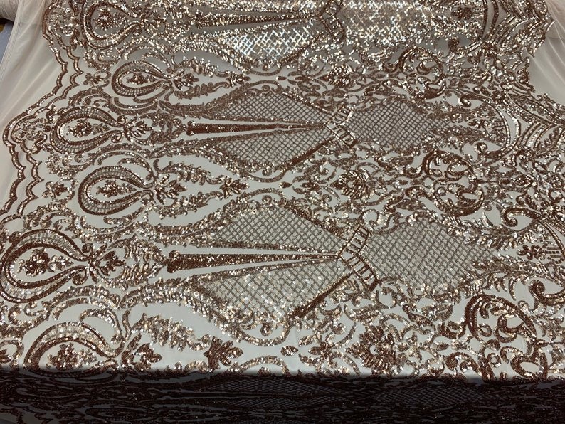 NEW ITALIAN DesignChampagneSequins Mesh Lace Fabric ByThe Yard4 Way Stretch Sequins Geometric Iridescent On A Blush MeshdressTablecloth
