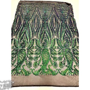 Emerald Green on Black Sequin Fabric By The Yard | Loyalty Design Damask Embroidery 4 Way Stretch Mesh Fabric | Spandex Mesh | 58” wide