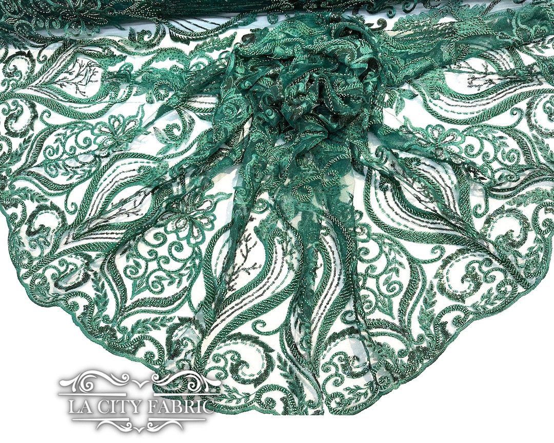 Hunter Green Lace Sequin Beaded Fabric by the Yard | Mesh Embroidered ...