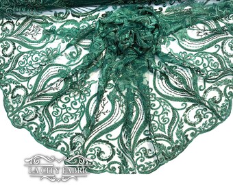 Hunter Green Lace Sequin Beaded Fabric By The Yard | Mesh Embroidered Handmade Lace Dress Fabric