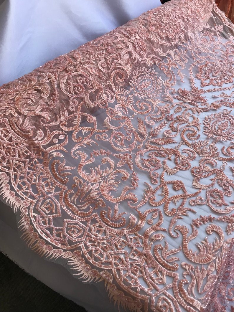 EMBROIDERY Lace By The Yard GEOMETRIC Beaded Mesh Lace FabricDusty Pink Bridal WeddingClothingDressesJacketsApplicationsTable cover
