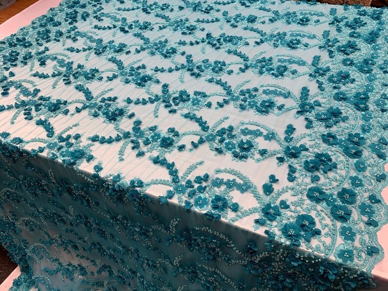 FABRIC By The Yard3D Flowers Beaded Mesh Lace Fabric With Handmade BeadsFloral Embroidery High Quality Lace Wedding Prom DressTurquoise