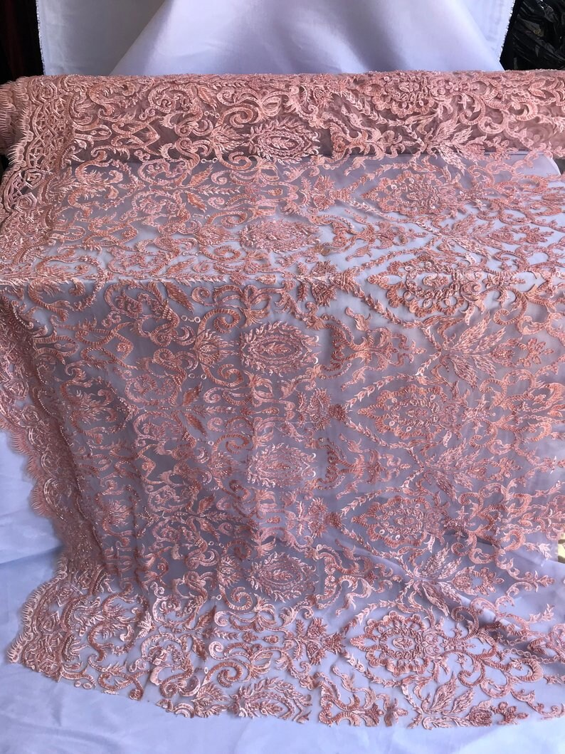 EMBROIDERY Lace By The Yard GEOMETRIC Beaded Mesh Lace FabricDusty Pink Bridal WeddingClothingDressesJacketsApplicationsTable cover