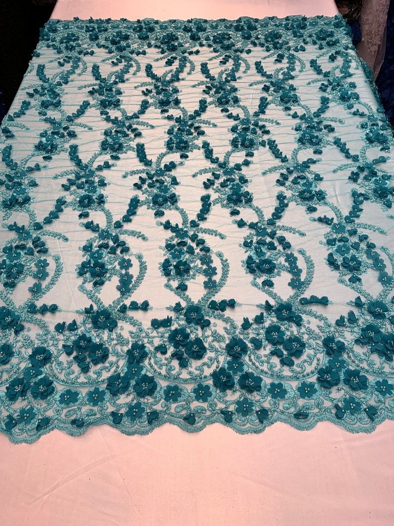 FABRIC By The Yard3D Flowers Beaded Mesh Lace Fabric With Handmade BeadsFloral Embroidery High Quality Lace Wedding Prom DressTurquoise