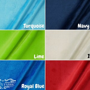 May include: Six fabric swatches in different colors: turquoise, navy blue, lime green, ivory, royal blue, and red. The fabric is a soft, fuzzy material.