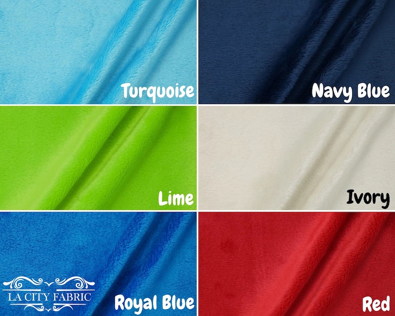 May include: Six fabric swatches in different colors: turquoise, navy blue, lime green, ivory, royal blue, and red. The fabric is a soft, fuzzy material.