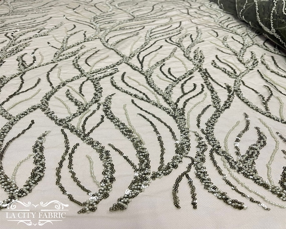Olive Green Embroidery Beaded Lace Fabric by the Yard Crystal