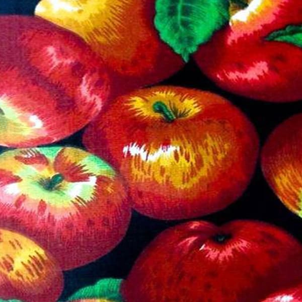 Fruits Print Poly Cotton Fabric by The Yard - Apple Packed on Black Poly Cotton Fabric 60’’ Width at Wholesale Price - Fruit Quilt Fabric