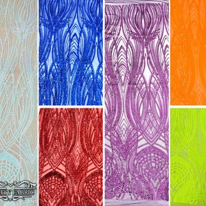 Silver Sequin Fabric by the Yard Lace Fabric on White Mesh Geometric Embroidered 4 Way Stretch ...