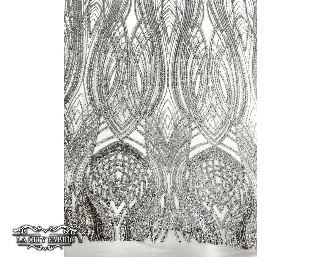 Silver Sequin Fabric by the Yard Lace Fabric on White Mesh Geometric Embroidered 4 Way Stretch ...
