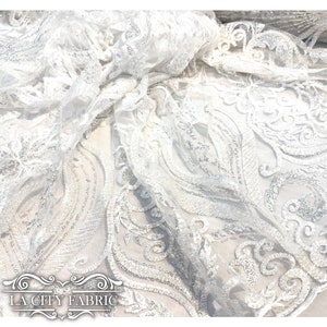 White Lace Sequin Beaded Fabric By The Yard | Mesh Embroidered Handmade Lace Dress Fabric