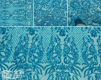 4 Way Stretch Sequin Fabric corte a medida / Bordado Lace Fabric for Prom Dress / Power Mesh Fabric / Lentejuela Turquesa Iridiscente