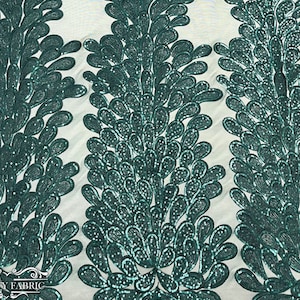 Hunter Green Feather Sequin Lace Fabric Sold by 3 Panels | Embroidery Peacock Vegas Design | 56” wide | Wedding Dress