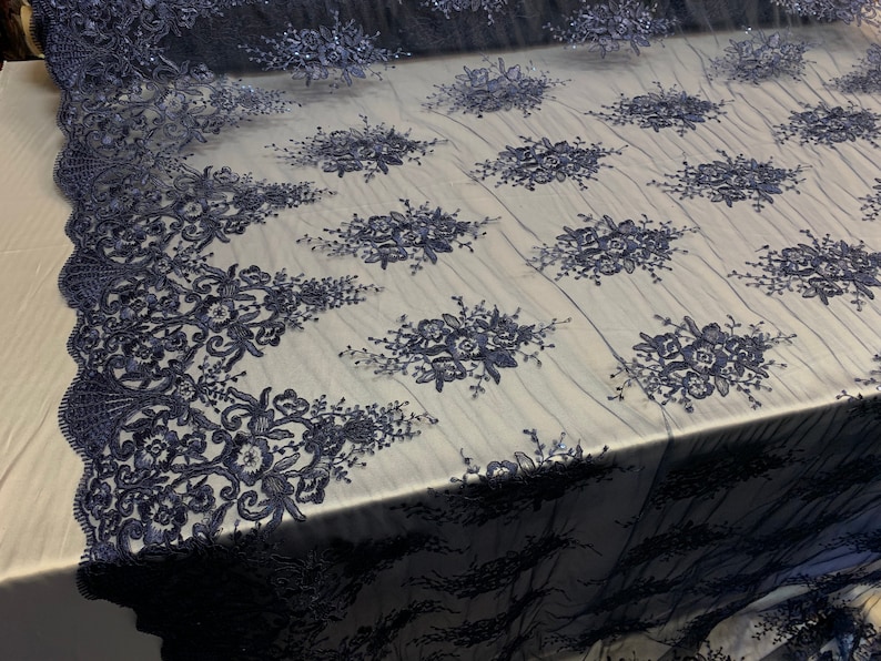 LACITYFABRIC FloralFlower Mesh Lace Fabric Navy Blue Royal Designs By Yard Gorgeous Lace Bridal Wedding Prom Party Decoration Drapes.