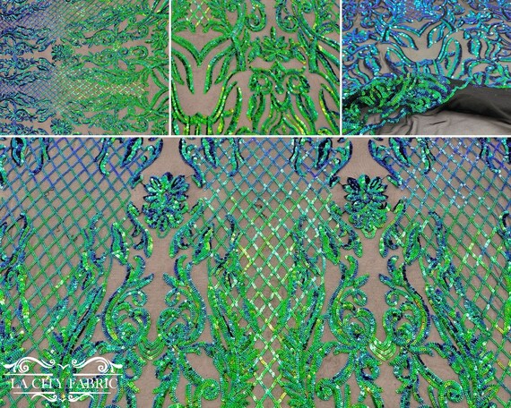Sequin Flame Design On A 4 Way Stretch Mesh Fabric by The Yard (1 Yard, White/Matte Gold) main image 0