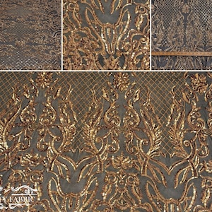 4 Way Stretch Sequin Fabric By The Yard | Embroidery Lace Fabric for Prom Dress | Power Mesh Fabric | Gold Sequin
