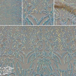 4 Way Stretch Sequin Fabric By The Yard | Embroidery Lace Fabric for Prom Dress | Power Mesh Fabric | Iridescent Baby Blue Sequin