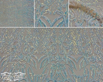 4 Way Stretch Sequin Fabric By The Yard | Embroidery Lace Fabric for Prom Dress | Power Mesh Fabric | Iridescent Baby Blue Sequin