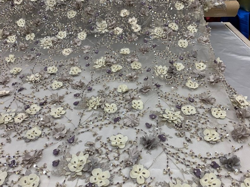 Gray Beaded Faux Pearls FloralFlowers Embroidered Mesh Beaded Lace Handmade Design Fabric IvoryMauve Night gownsProm Dresses By The Yard