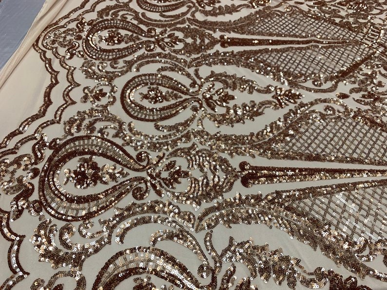 NEW ITALIAN DesignChampagneSequins Mesh Lace Fabric ByThe Yard4 Way Stretch Sequins Geometric Iridescent On A Blush MeshdressTablecloth