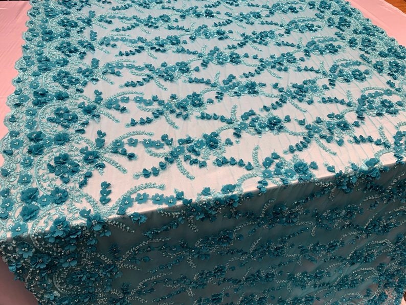 FABRIC By The Yard3D Flowers Beaded Mesh Lace Fabric With Handmade BeadsFloral Embroidery High Quality Lace Wedding Prom DressTurquoise