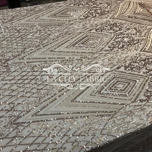 Champagne Luxury Stretch Sequins Fabric By The Yard / Geometric 4 Way Stretch Sequins Spandex Mesh Lace / Embroidered Sequins Lace Fabric