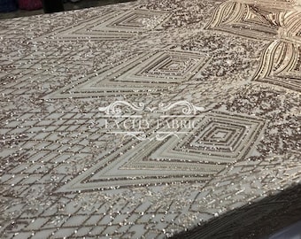 Champagne Luxury Stretch Sequins Fabric By The Yard / Geometric 4 Way Stretch Sequins Spandex Mesh Lace / Embroidered Sequins Lace Fabric