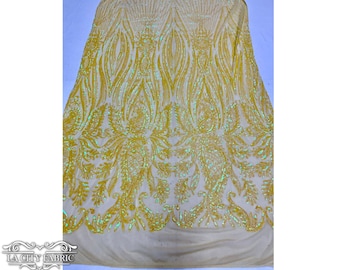 Iridescent Yellow Sequin Fabric By The Yard | Loyalty Design Damask Embroidery 4 Way Stretch Mesh Fabric | Spandex Mesh | 58” wide