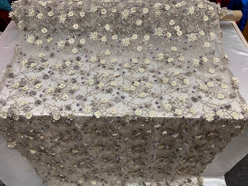 Gray Beaded Faux Pearls FloralFlowers Embroidered Mesh Beaded Lace Handmade Design Fabric IvoryMauve Night gownsProm Dresses By The Yard