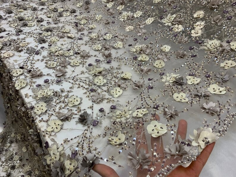 Gray Beaded Faux Pearls FloralFlowers Embroidered Mesh Beaded Lace Handmade Design Fabric IvoryMauve Night gownsProm Dresses By The Yard
