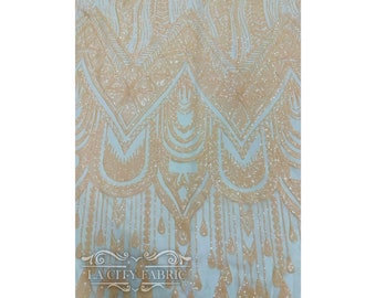 Geometric Peach 4 Way stretch Sequin Fabric By The Yard | Embroidered Lace Mesh Fabric | African Design