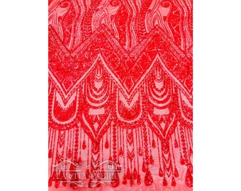 Geometric Red 4 Way stretch Sequin Fabric By The Yard | Embroidered Lace Mesh Fabric | African Design