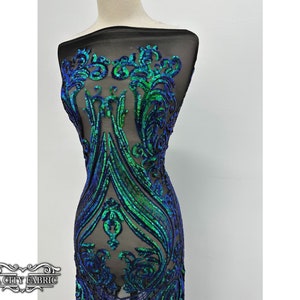 Luxury Emerald Green Iridescent Sequin Embroidered Lace Fabric | 4 Way stretch Spandex Mesh Fabric | Stretch Sequin Fabric | EGP