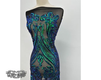 Luxury Emerald Green Iridescent Sequin Embroidered Lace Fabric | 4 Way stretch Spandex Mesh Fabric | Stretch Sequin Fabric | EGP