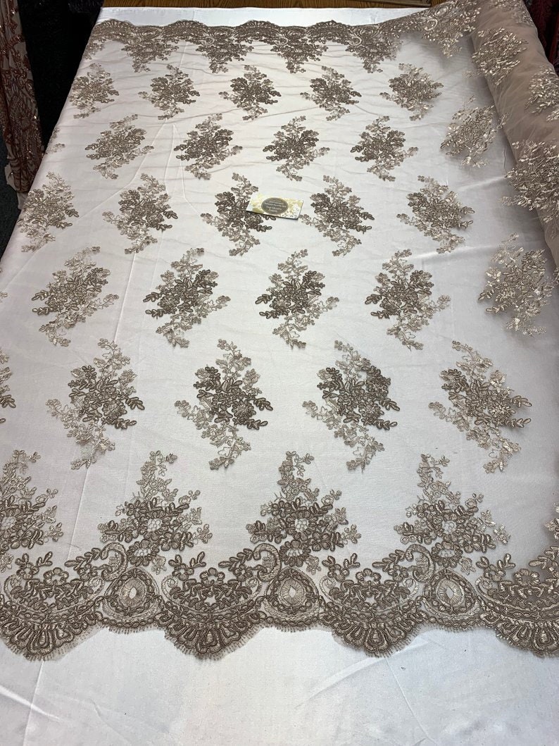 Light Brown LACITYFABRIC Elegant FlowerFloral Mesh Lace French Design,Embroidery Lace Fabric By The Yard For Tablecloths Wedding Dresses