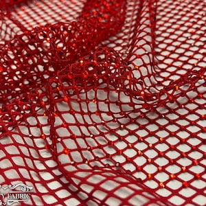 Crystal Beaded 4 Way Stretch Sequin Fabric By The Yard | Embroidery Beaded Fabric on Stretchy Fishnet Fabric | Red