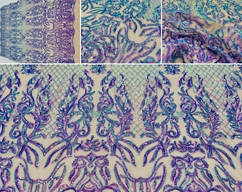 4 Way Stretch Sequin Fabric By The Yard | Embroidery Lace Fabric for Prom Dress | Power Mesh Fabric | Iridescent Purple Lilac Sequin
