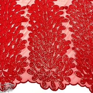 Red Feather Sequin Lace Fabric Sold by 3 Panels | Embroidery Peacock Vegas Design | 56” wide | Wedding Dress