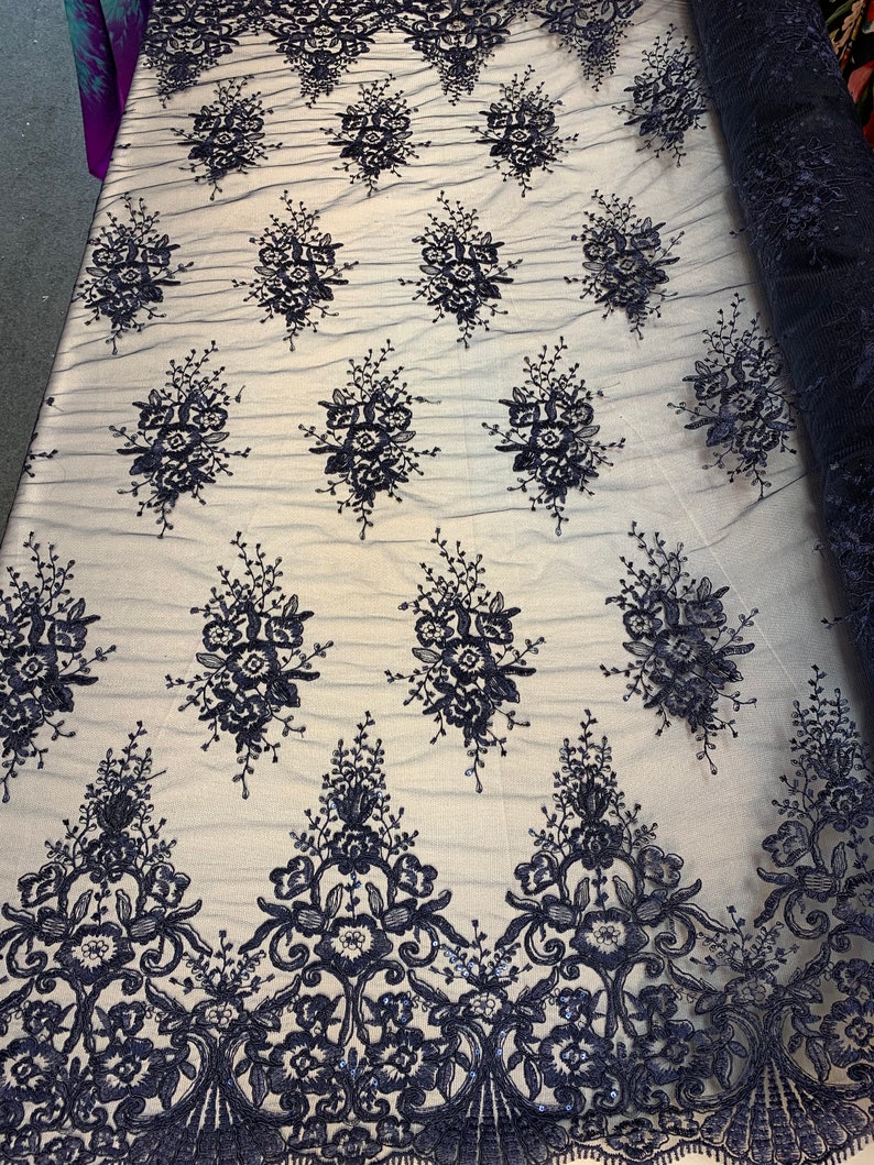 LACITYFABRIC FloralFlower Mesh Lace Fabric Navy Blue Royal Designs By Yard Gorgeous Lace Bridal Wedding Prom Party Decoration Drapes.